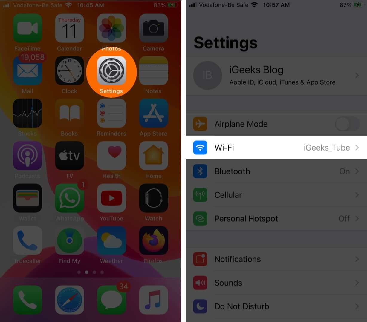 Launch Settings and Tap on Wi Fi on iPhone