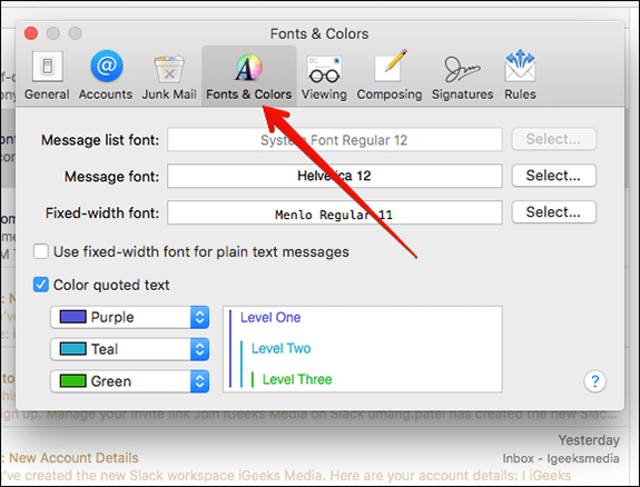 Select Fonts  Colours Tab in Preference on Mac Mail App