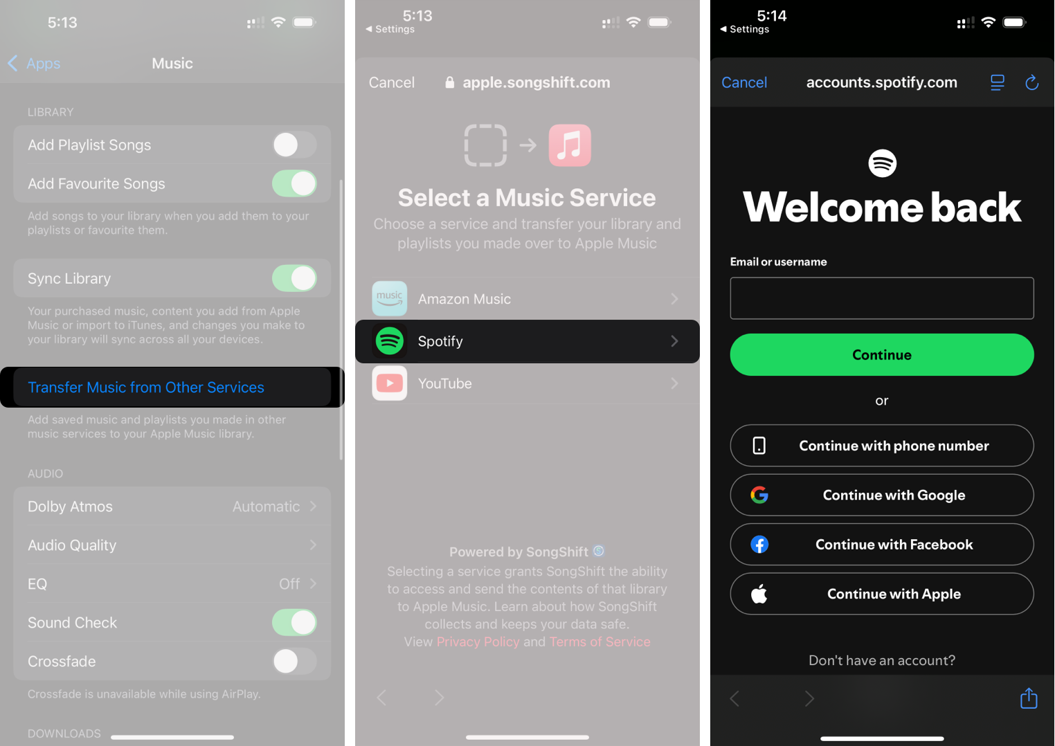 Tap Transfer Music, choose Spotify, and sign in to sync your music