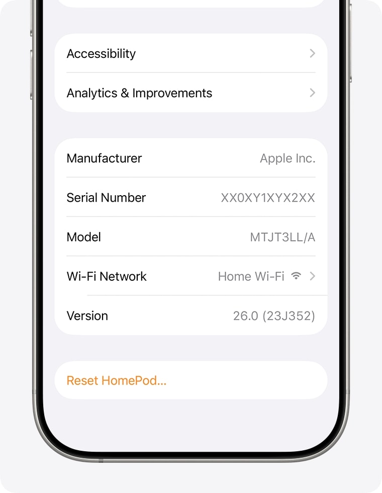 Tap Reset HomePod and select Remove Accessory