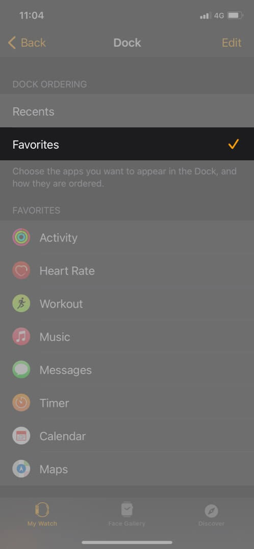 Välj favorit i Watch -appen på iPhone för att se favoritappar i Dock på Apple Watch