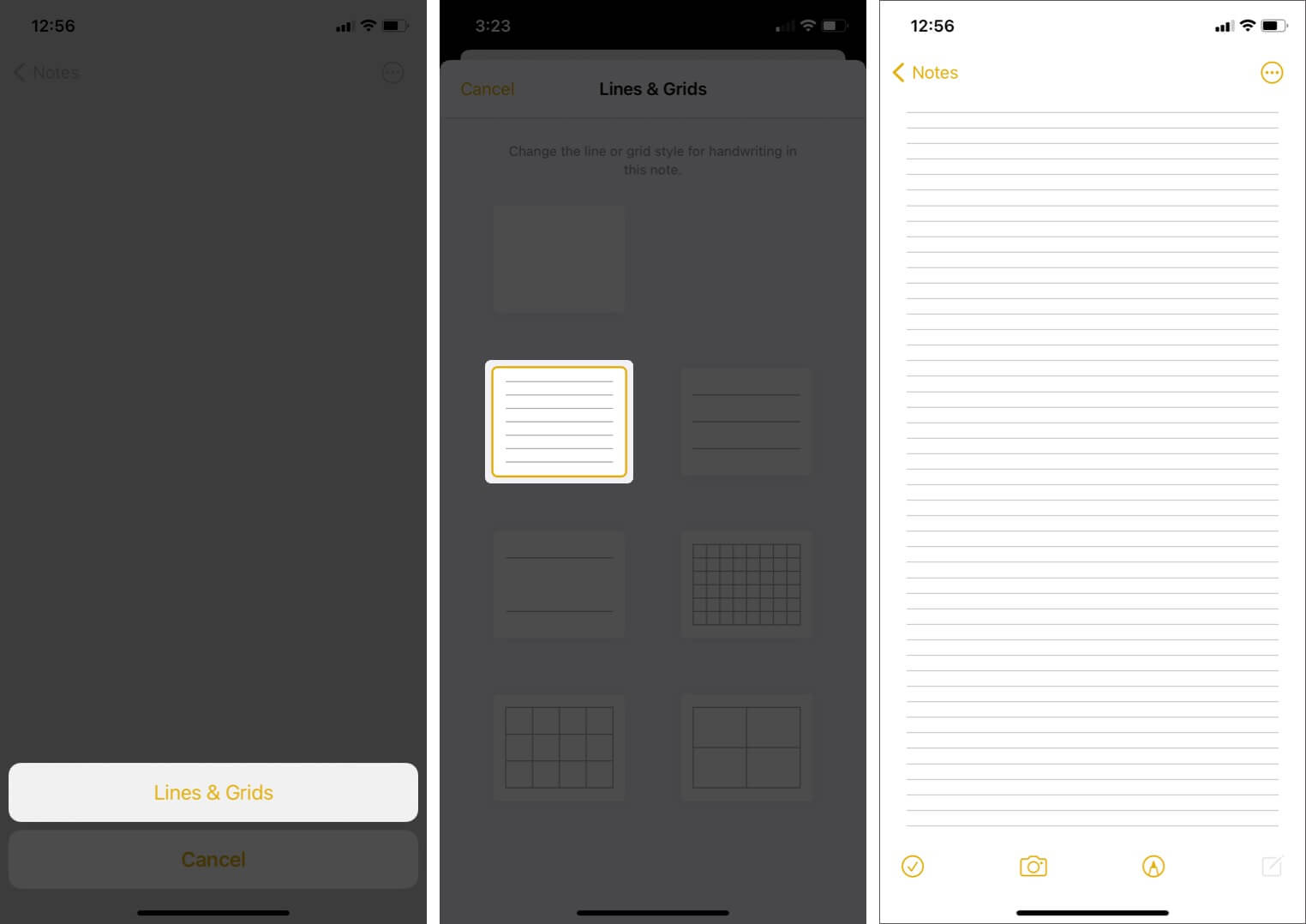 tap on lines  grids and select option to change paper style in iphone notes app