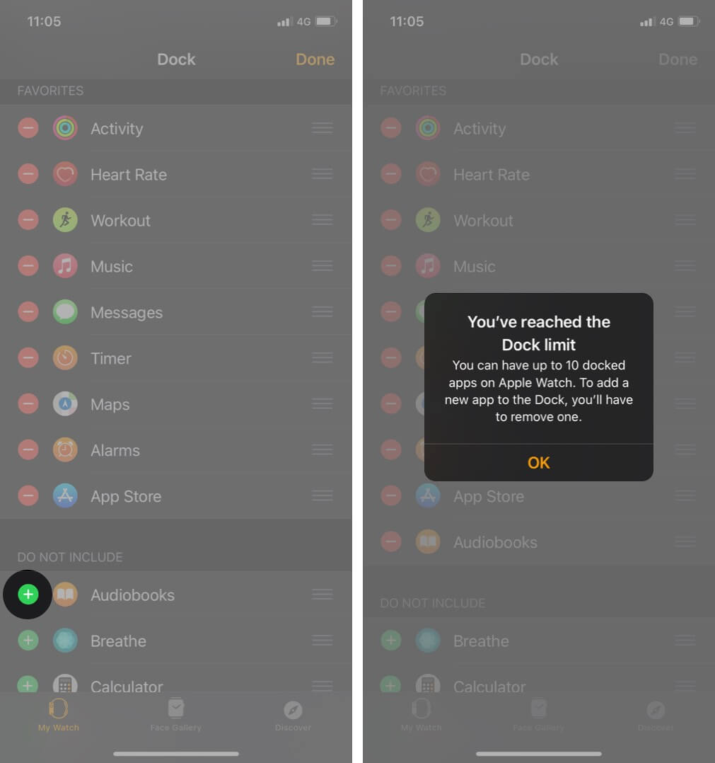 Tryck på Plus för att lägga till app till Apple Watch Dock