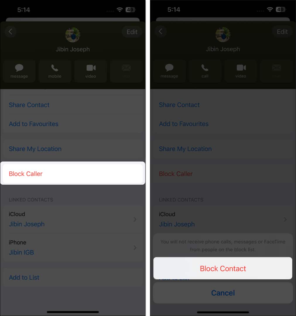 Select Block Caller tap Block Contact on iPhone