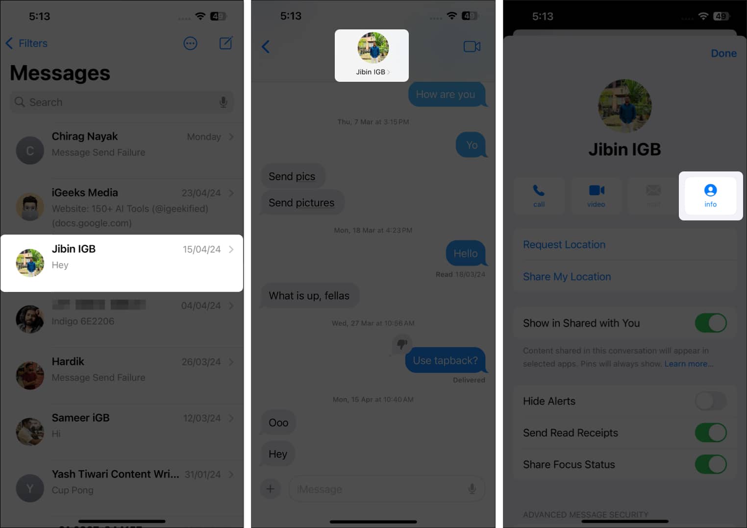 Select conversation in Message tap Profile icon select info icon on iPhone
