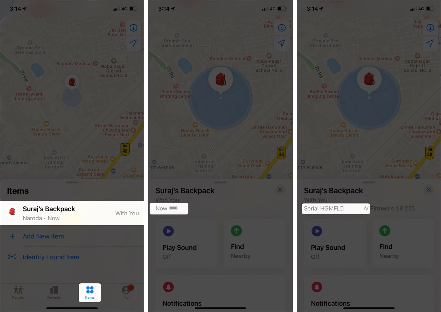 In Find My app tap Items tap AirTags to see its Serial Number