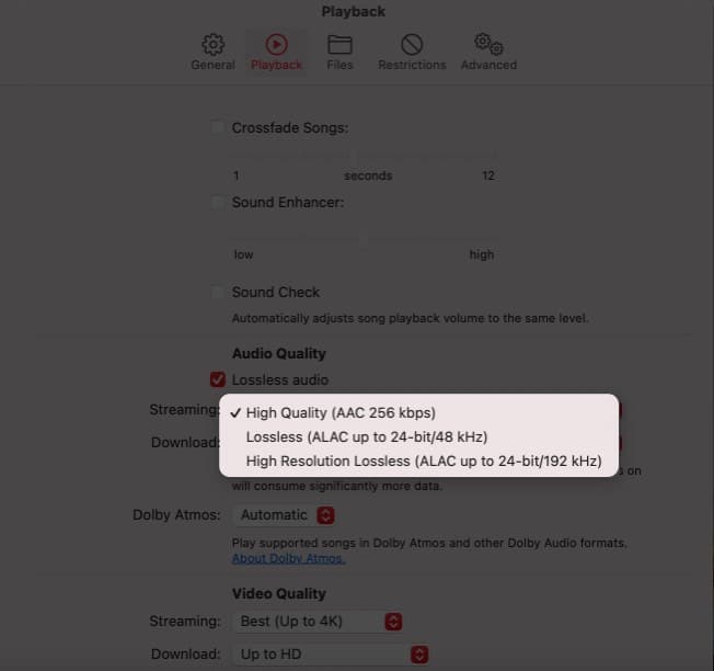 Select Lossless or Hi Res from Apple Music on Mac