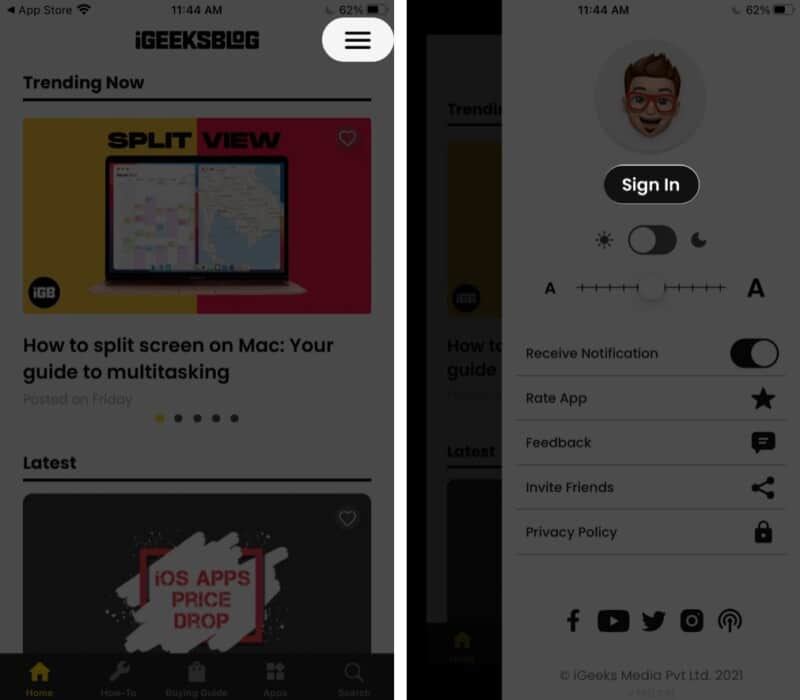 Sign in on iGeeksBlog iOS app