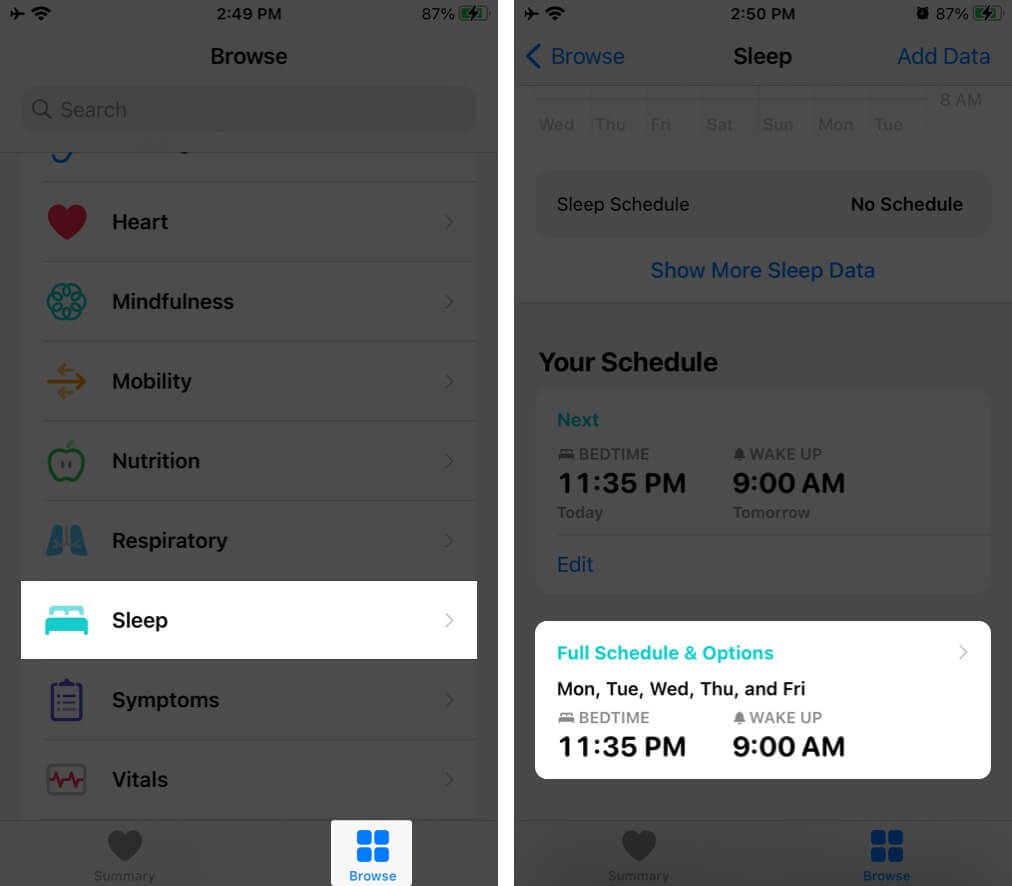 Tap on Sleep in Browse Tab and then tap on Full Schedule  Option on iPhone