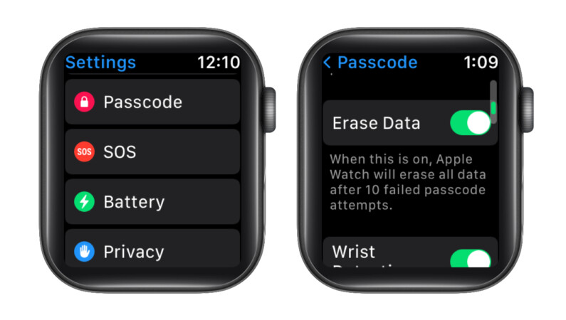 Enable automatic data erase on apple watch