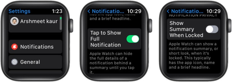 Manage notification privacy on apple watch settings