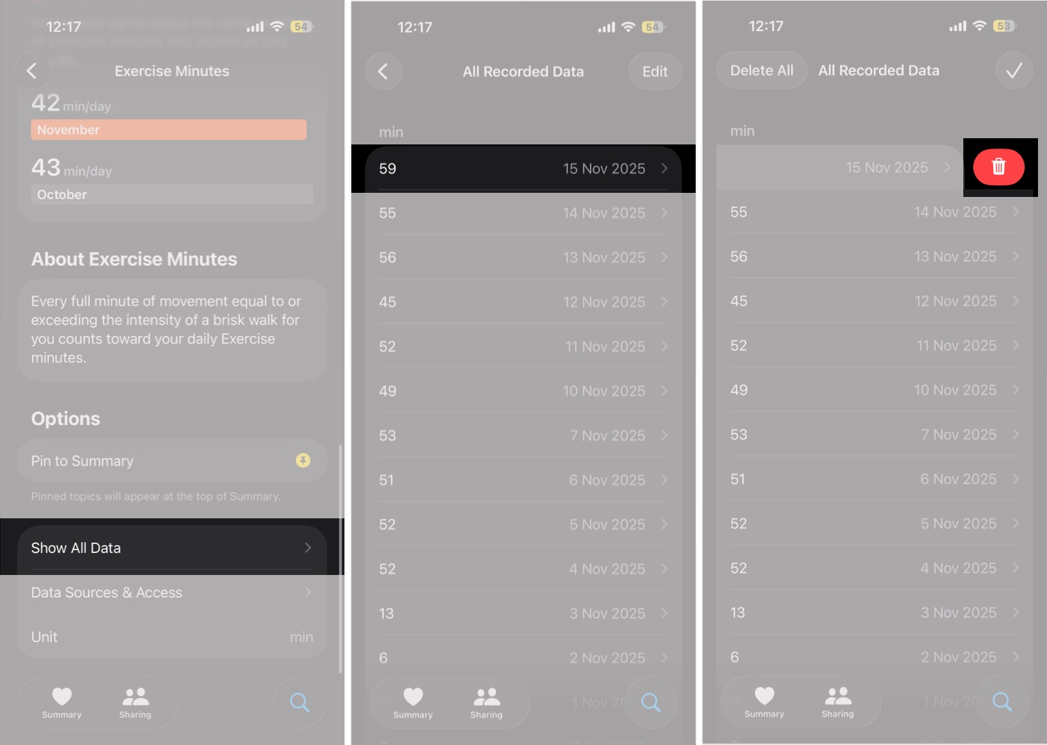 Delete Exercise Minutes data in Health app by swiping left and tapping Delete