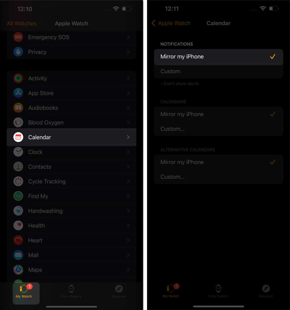 In Watch app go to Calendar tap Mirror my iPhone
