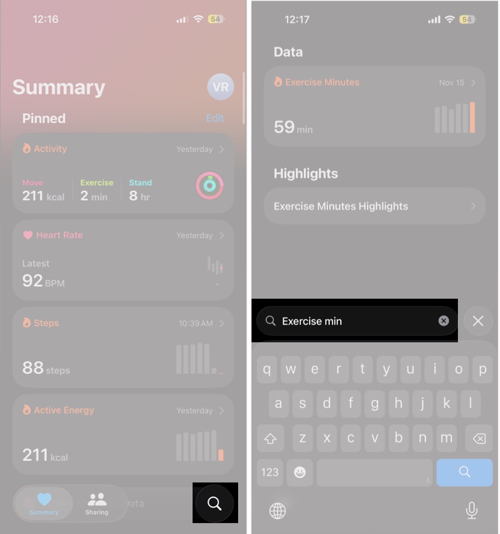 Open Exercise Minutes in Health app using Search tab on iPhone