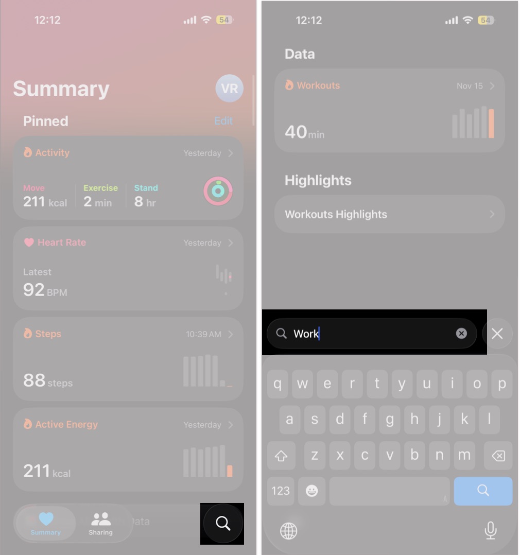 Open Workouts in Health app by using the Search tab on iPhone