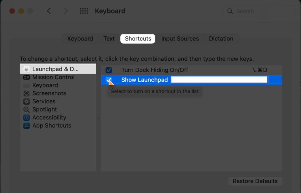 Choosing Launchpad  Dock in Shortcuts on Mac