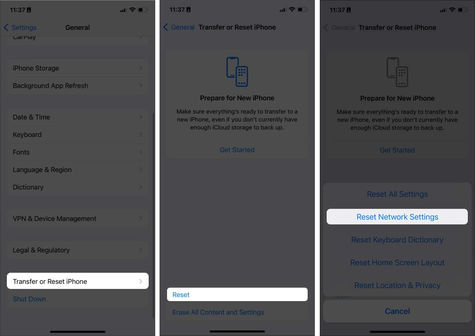 Reset network settings on an iPhone