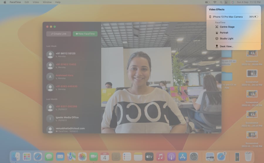 Click Centre Stage Portrait or Studio Light to use features on Mac