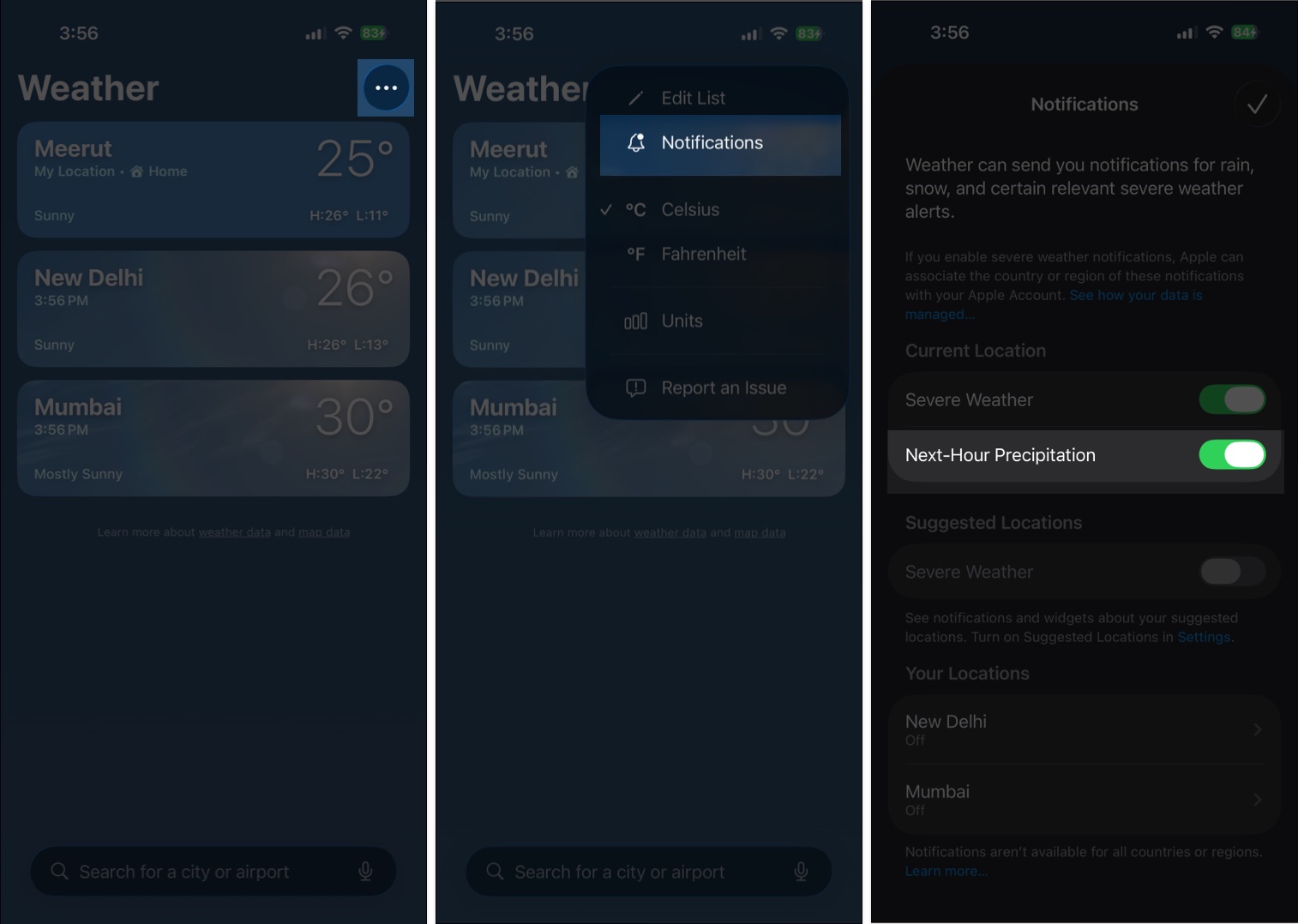 Enable Next-Hour Precipitation notifications for Current Location in Weather app