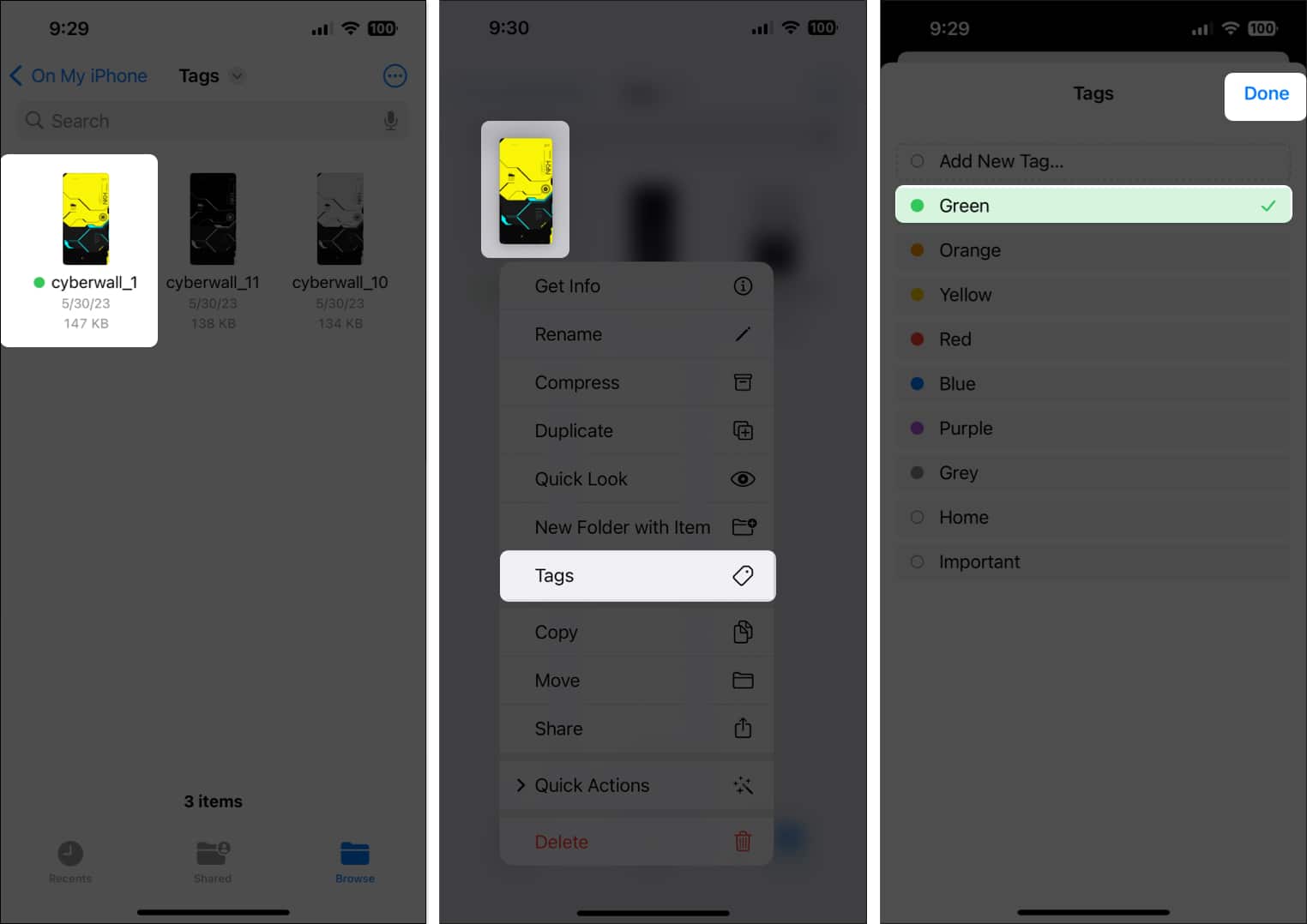 Long press files select tags tap on existing tag done