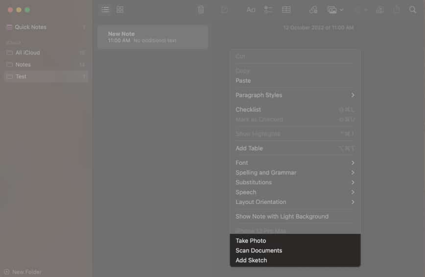 Select Take Photo Scan Document or Add Sketch from shortcut menu
