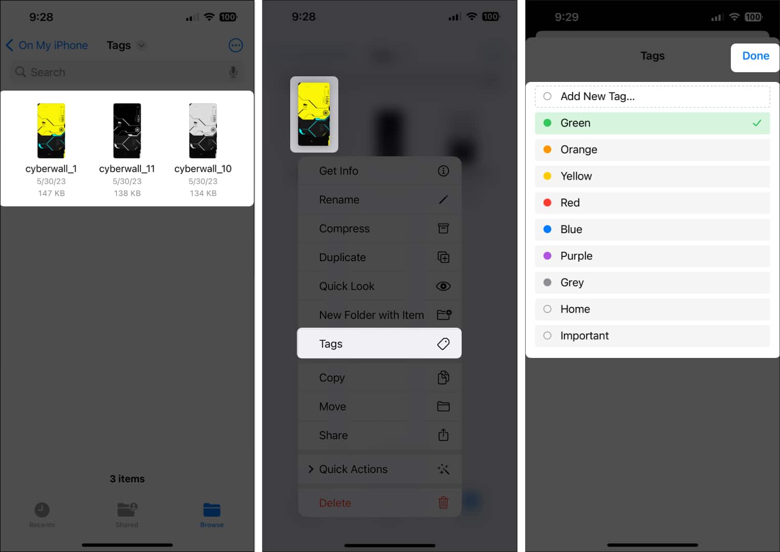 Select file tap on tags select tags tap Done to add tags to individual file