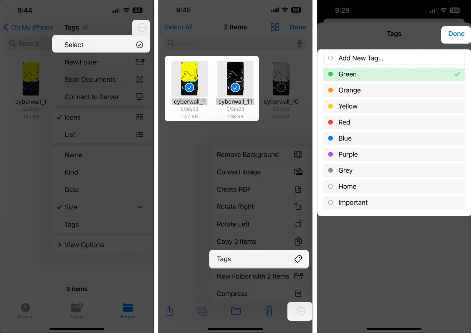 Tap three dots select choose files select tags tap done