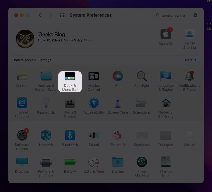 Click Dock  Menu Bar in System Preferences on Mac