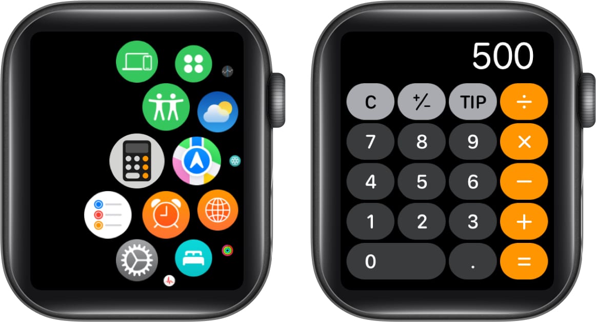 Open Calculator app on Watch Fill in amount of the bill tap TIP