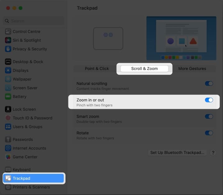 Click Trackpad click Scroll  Zoom tab Ensure that Zoom in or out is toggled On on Mac