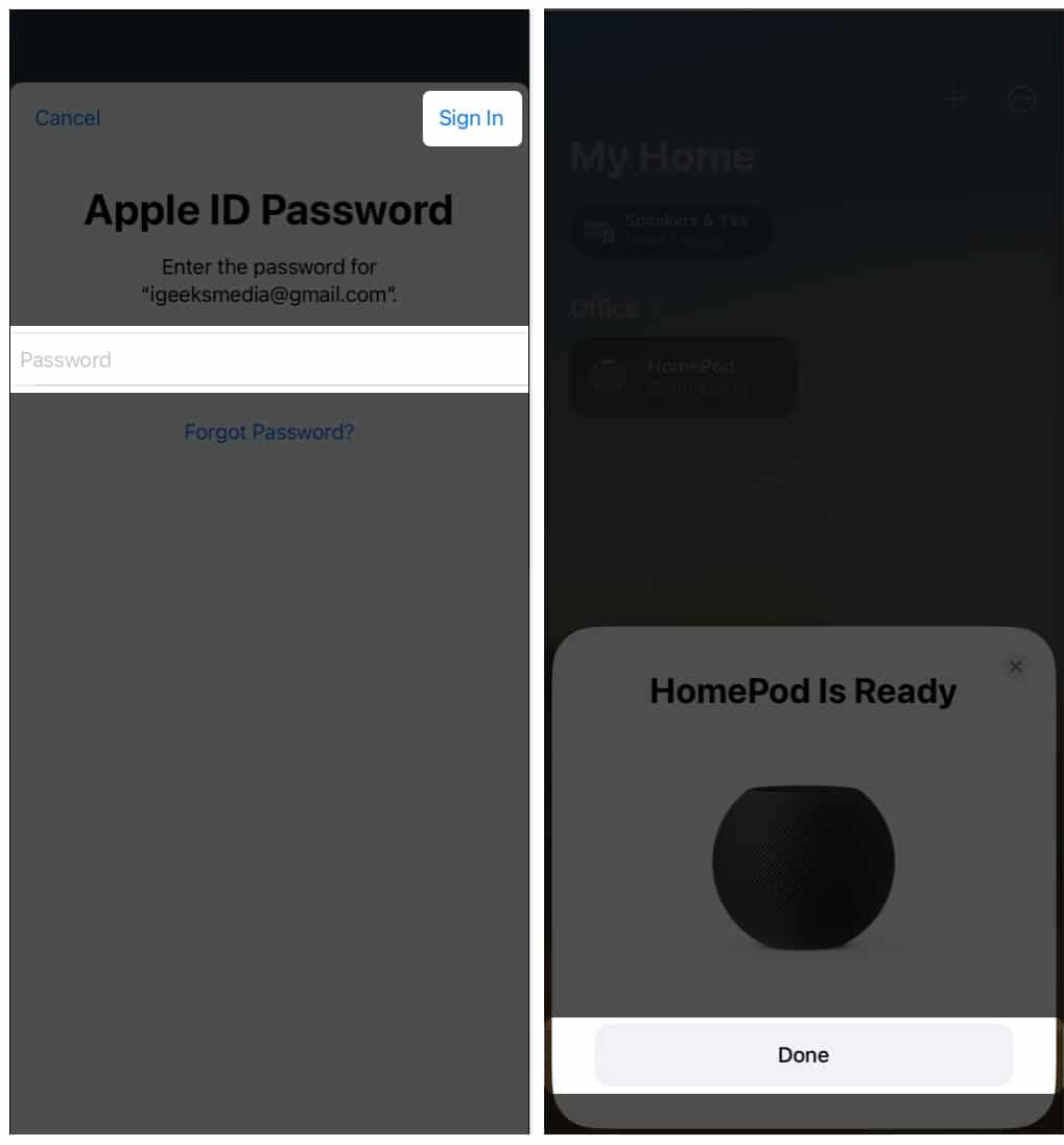 Enter Apple ID password sign in and tap Done