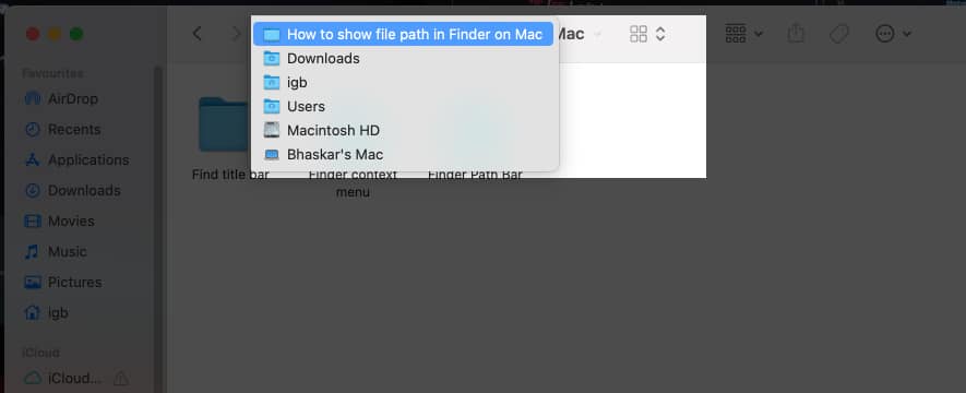 Finder title bar to view file path on Mac