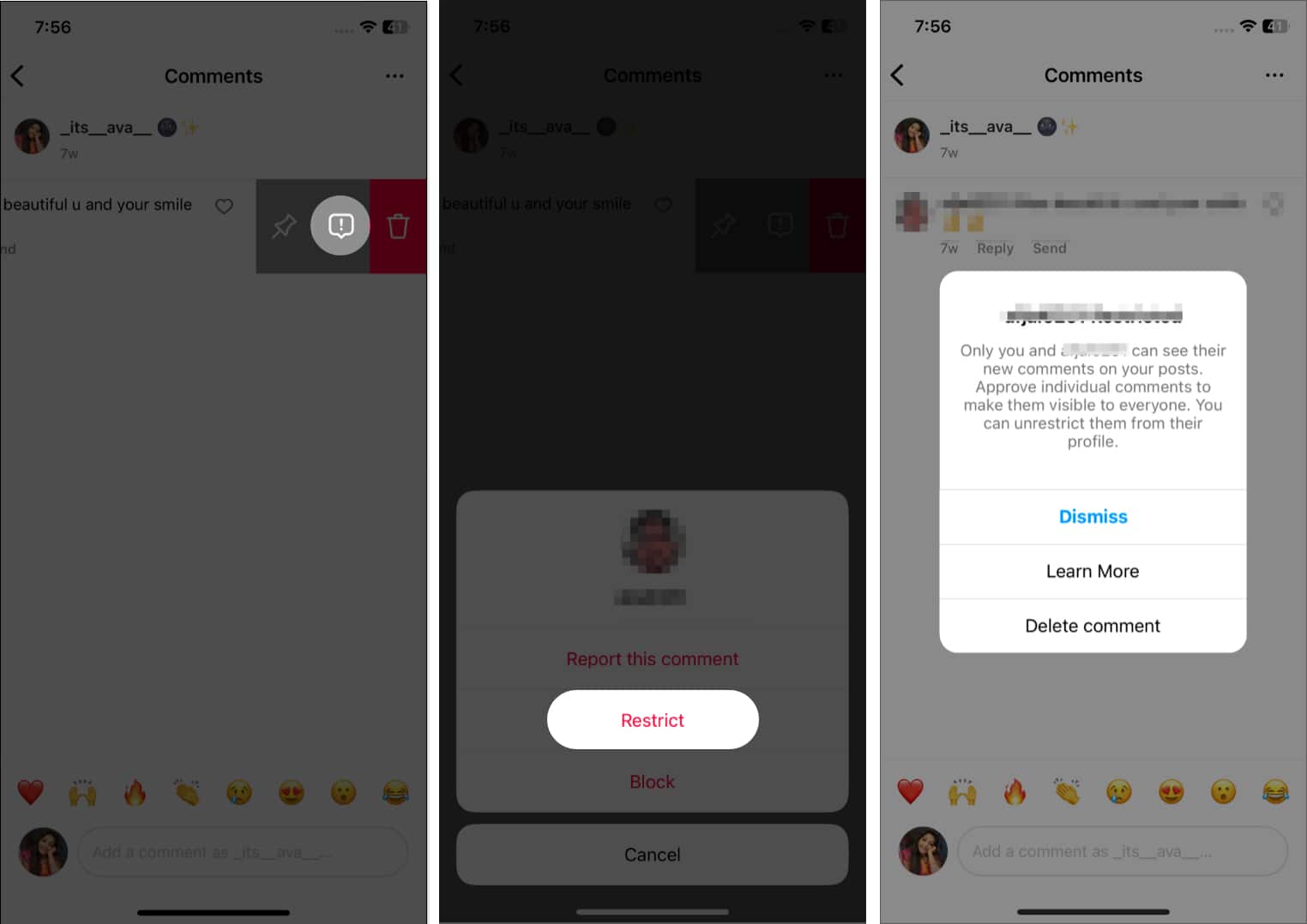 Restricting someone on instagram through comments