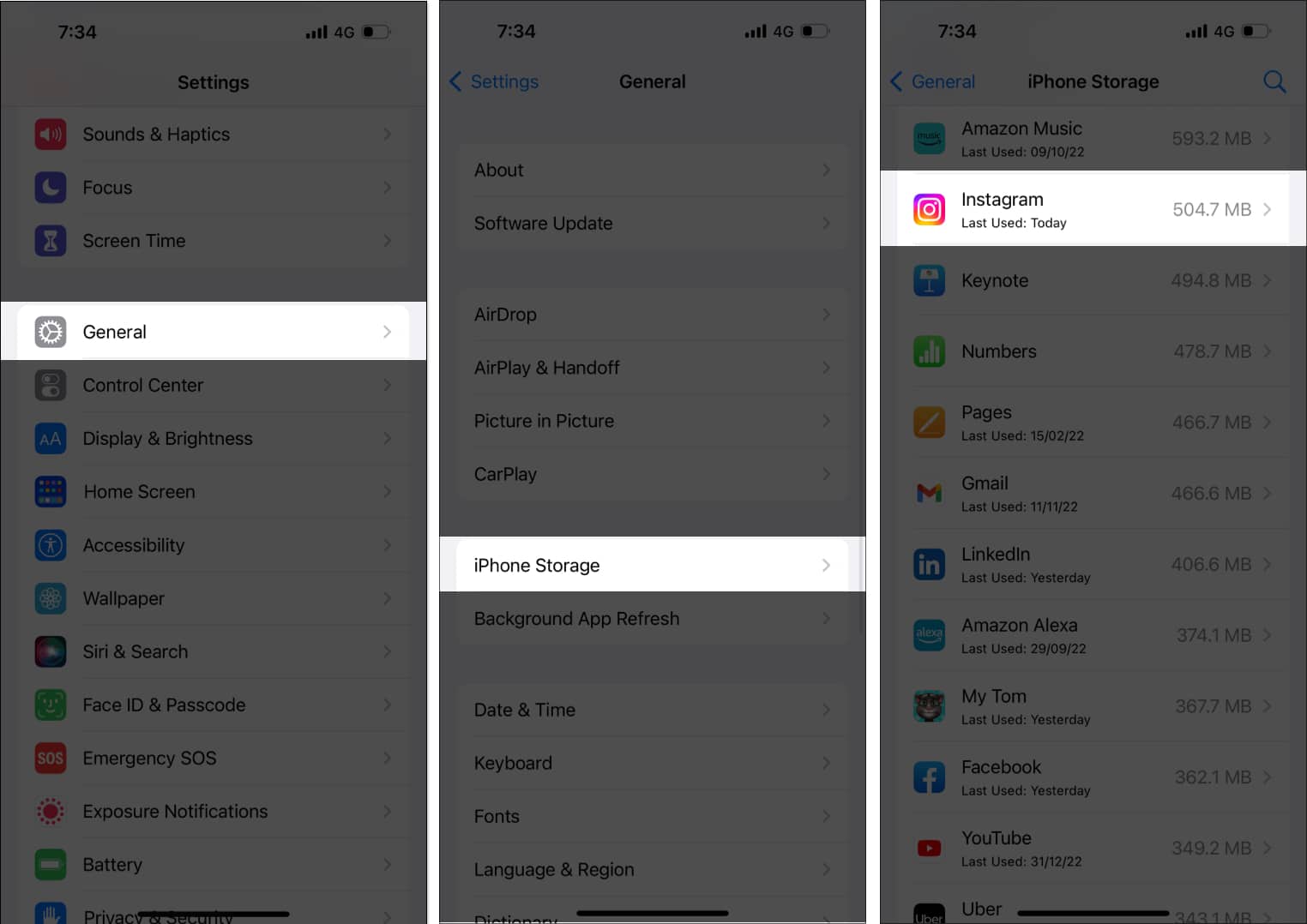 Tap on General iPhone Storage Instagram