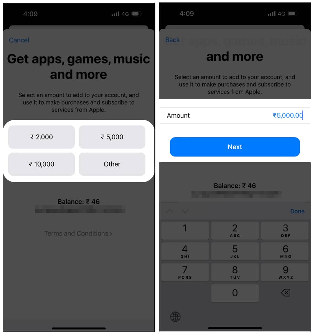 Tap on Other and Add Funds and Tap on Next on iPhone