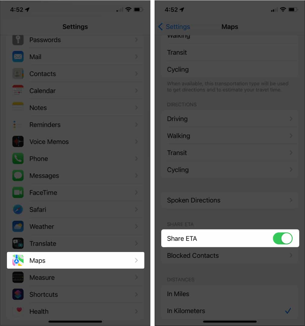 Toggle share eta on in apple maps on iphone