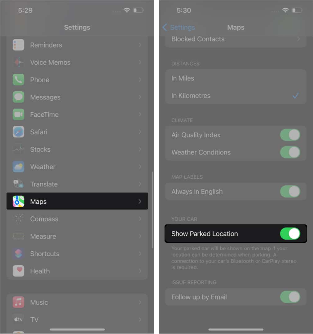 Toggle show parked location on in apple maps on iphone