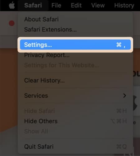menu bar click Safari Select Settings on Mac