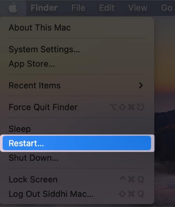 Restart option in the Apple logo menu on a Mac
