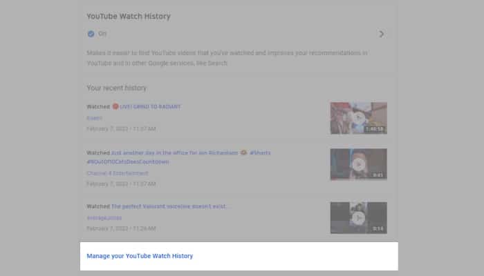 Scroll to YouTube Watch History section click Manage your YouTube Watch History