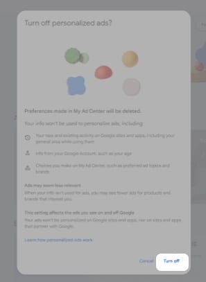 Select Turn off at the bottom of the pop up