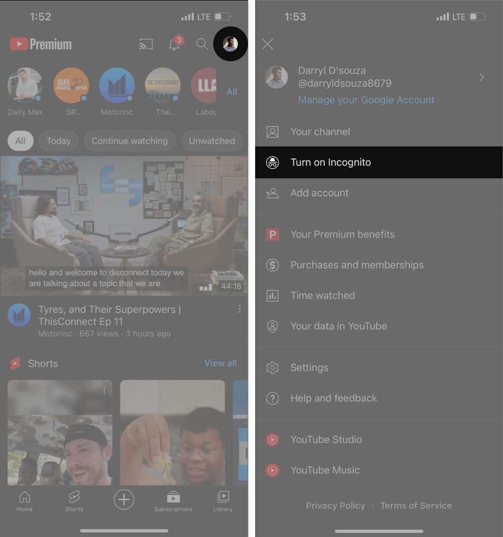 Turn on Incognito Mode in YouTube on iPhone open youtube app tap on your profile select the Turn on Incognito option scaled
