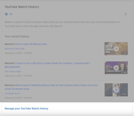 Under YouTube Watch History click the Manage your YouTube Watch History