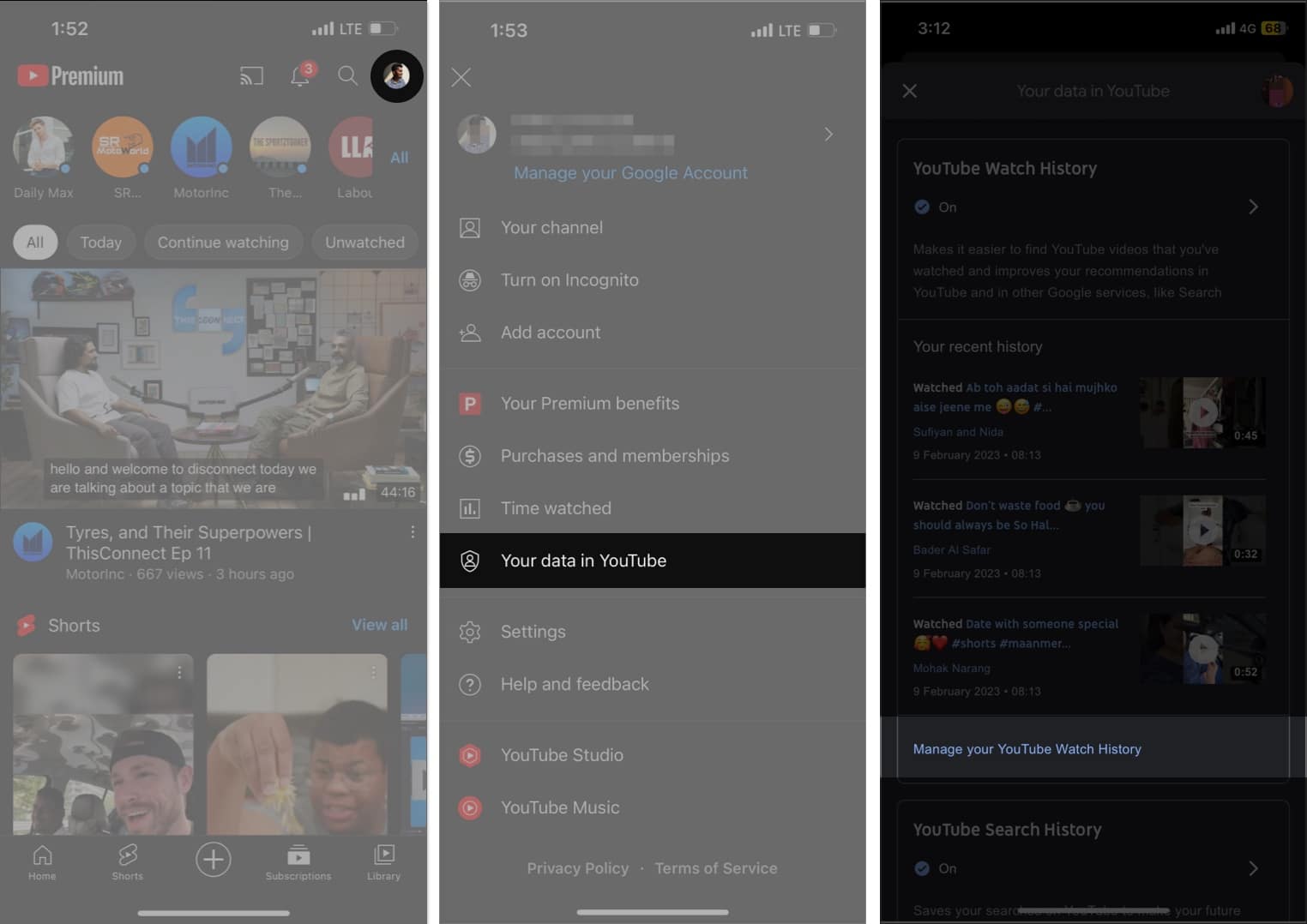 stop YouTube from tracking Watch History open youtube app tap on profile tap Your data in YouTube tap Manage your YouTube Watch History
