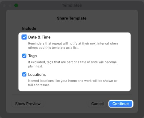 Check box next to Date and Time Tags Locations and Click Continue on Mac