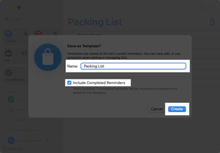 Check the box for Include Completed Reminders Create on Mac