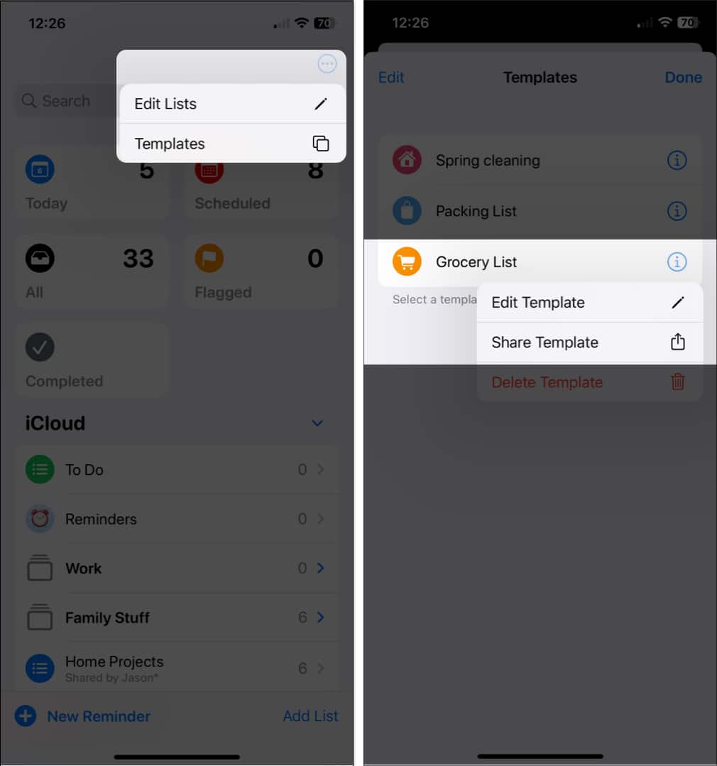 Tap Edit Lists Edit Templete in Reminders app on iPhone