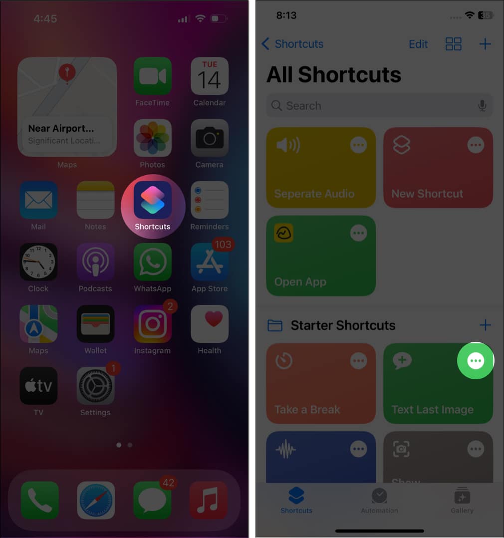 Tap three dot icon on shortcut you want to edit