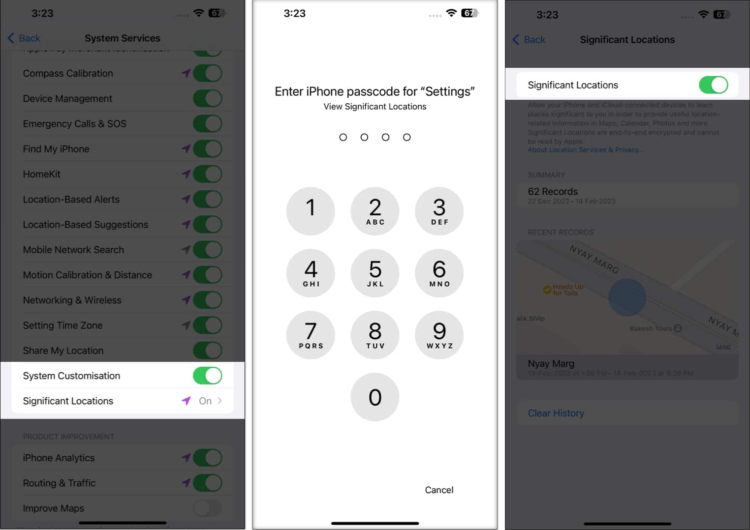 Toggle on System Customization then tap Significant Locations Enter iPhones password and now Toggle on Significant Locations