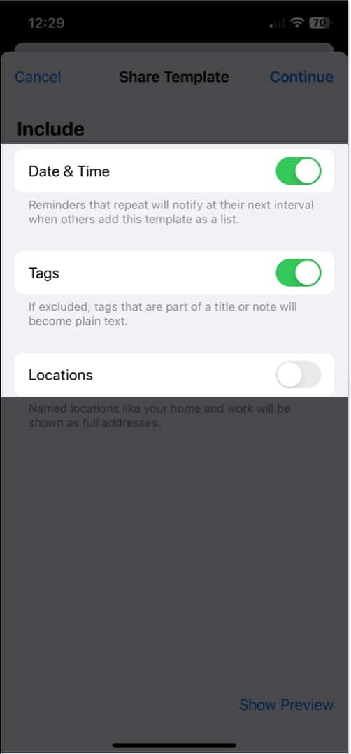 Turn on Switch next to Date and Time Tags Location in Reminders app on iPhone